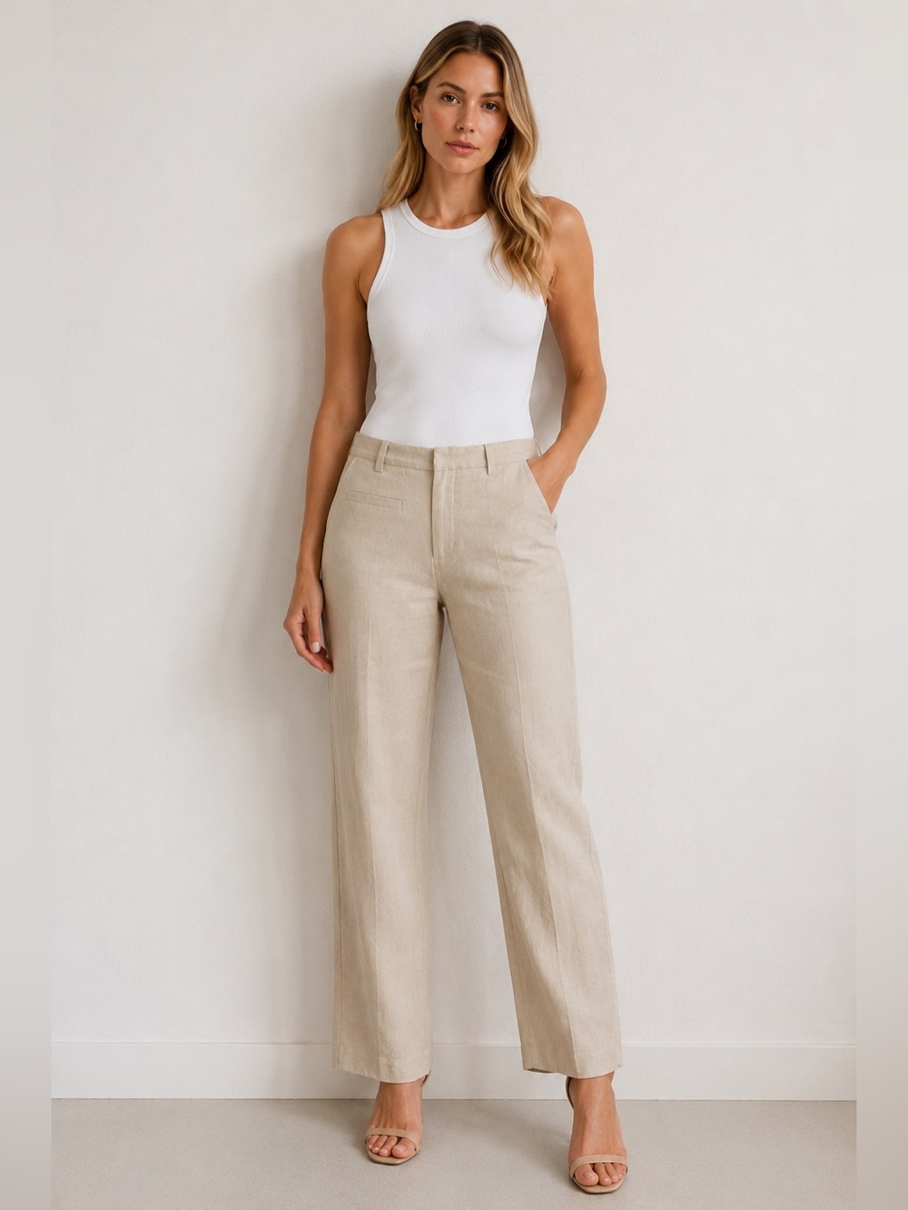 Maje paris beige linen cotton blend straight leg pants size 34 us 2